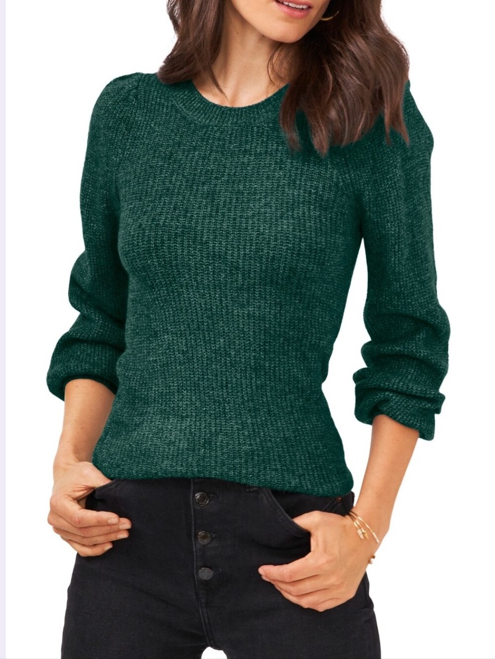 Nordstrom 1.State Pine Green Balloon Sleeve Classic Sweater Knit Pullover- M NWT